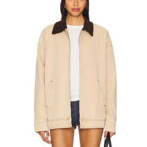 Lioness Beige Canvas Bomber Jacket with Dark Brown Corduroy Collar